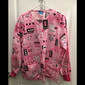 Scrub jacket, pink cancer awareness